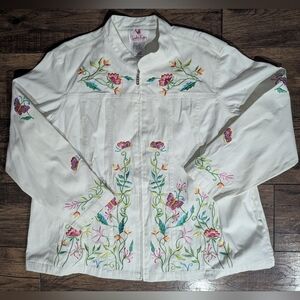 Quacker Factory White Embroidered Jacket Size 2X Floral Butterfly Spring Zip